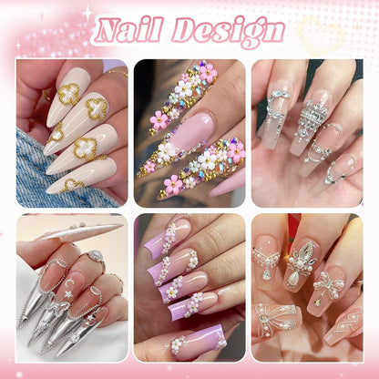 2 Boxes Metal Nail Beads (Silver+Gold) and 3D Flowers and Glass Rhinestones (Clear) for Art, Half Flatback Pearls (White) Crystals Pearl Nail Charms and Round Caviar Beads for Manicure Decor