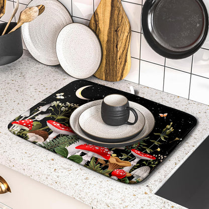 Red Mushroom Dish Drying Mat for Kitchen Counter Plant Leaves Drainer Mats Rack Holder Countertop Absorbent Microfiber Coffee Pads 16x18 Inch