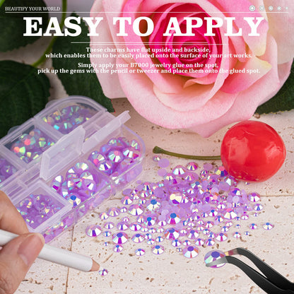 7000PCS Resin Rhinestones with Tweezers for Crafting, 2/3/4/5/6mm Flatback Jelly Rhinestones, 4 Box Lavender Purple AB Non Hotfix Crystal Gems for DIY Crafts Mugs Tumblers Clothes Makeup Nail