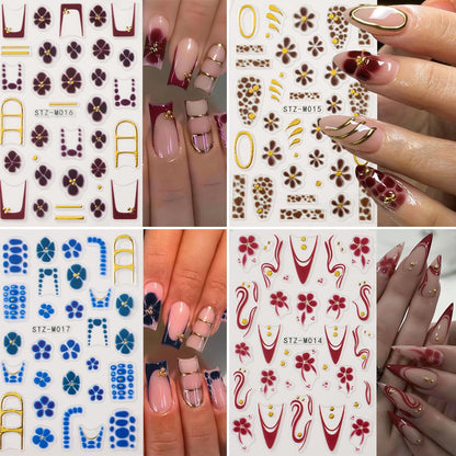 4Pcs Flower Nail Stickers for Nail Art - French Nail Art Stickers Autumn Winter Wine Red Brown Blue Floral Leopard Print Pattern 3D Self-Adhesive Nails Sliders Flowers Sticker for Nails Decoration