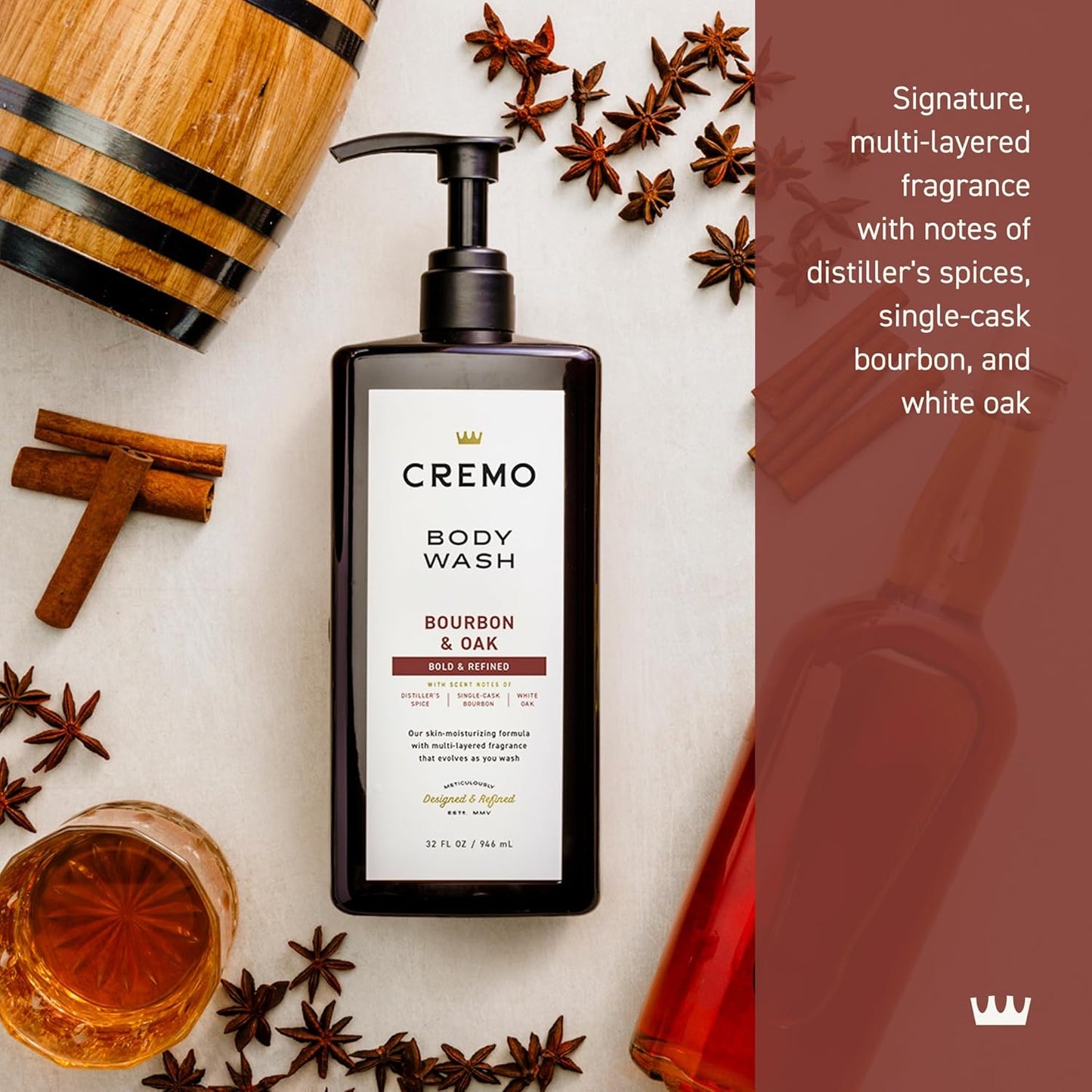 Cremo Rich-Lathering Bourbon & Oak Body Wash for Men, Notes of Distillers Spice, Fine Bourbon and White Oak, 32 Fl Oz