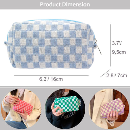 PAZIMIIK Checkered Makeup Bag for Purse Portable Zipper Make Up Pouch Small Cosmetic Case for Travel Accessories (2PCS Blue)