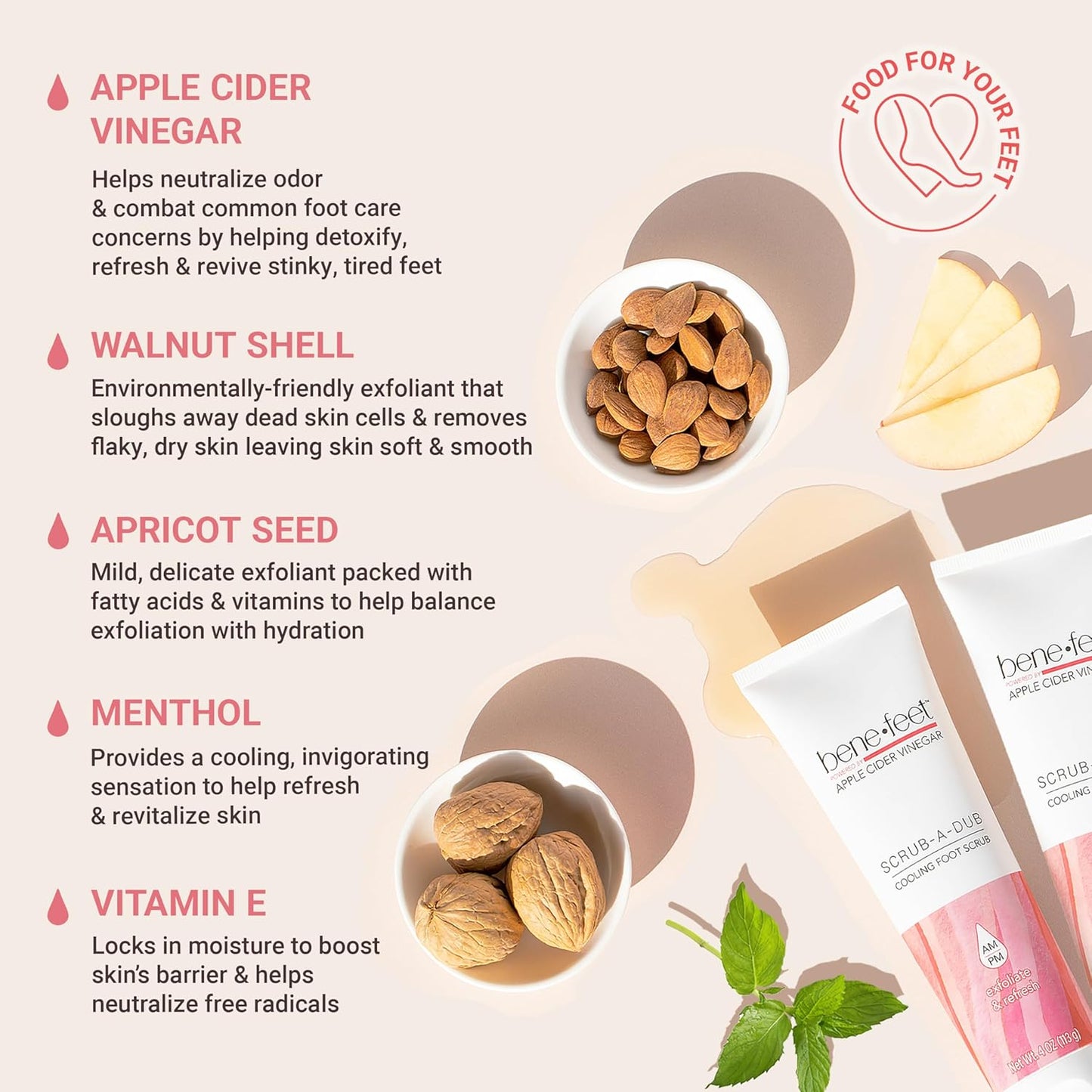 Benefeet Scrub-A-Dub Cooling Foot Scrub - Exfoliates + Refreshes Dry + Dull Skin, Get Smoother Skin from Heel to Toe, Made w/Vitamin E, Apple Cider Vinegar, Walnut Shell + Apricot Seed, 4 oz (2 Pack)