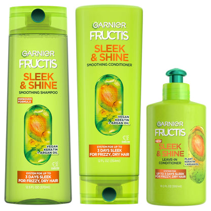 Garnier Fructis Sleek & Shine Shampoo, Conditioner + Leave-In Conditioner Set for Frizzy, Dry Hair, Plant Keratin + Argan Oil (3 Items), 1 Kit (Packaging May Vary)