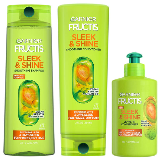 Garnier Fructis Sleek & Shine Shampoo, Conditioner + Leave-In Conditioner Set for Frizzy, Dry Hair, Plant Keratin + Argan Oil (3 Items), 1 Kit (Packaging May Vary)