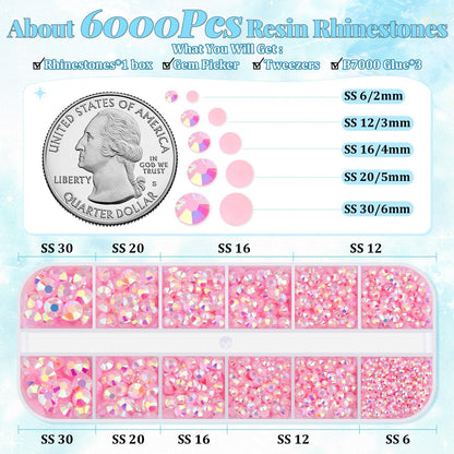6000Pcs Resin Rhinestones for Bedazzling with 3Pcs B7000 Jewelry Glue, 1 Box Light Pink AB Flatback Rhinestones for Crafting Crafts DIY, Crystals Gems for Clothing Shoes Tumblers Nail Art Makeup