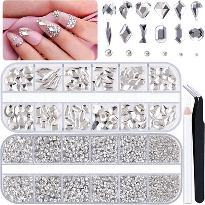 2680Pcs Silver Clear Nail Rhinestones 120Pcs Multi Shapes Glass Flatback Nail Gems + 2560Pcs 1.5-4mm Round Crystal, Manicure Nail Charms Diamond Gemstones for Acrylic Nails Decoration