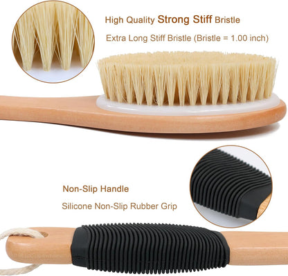 OWIIZI Back Scrubber Brush for Shower, Long Stiff Bristle Body Bath Brushes, Wooden Curved Long Handle Skin Exfoliator for Men Women Wet or Dry Use