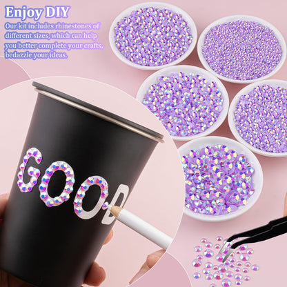 30000Pcs Resin Rhinestones for Bedazzling with Tweezers, Lavender Purple AB Rhinestones for Crafting with B7000 Jewelry Glue for DIY Crafts Clothing Tumblers Shoes Fabric Nail Art