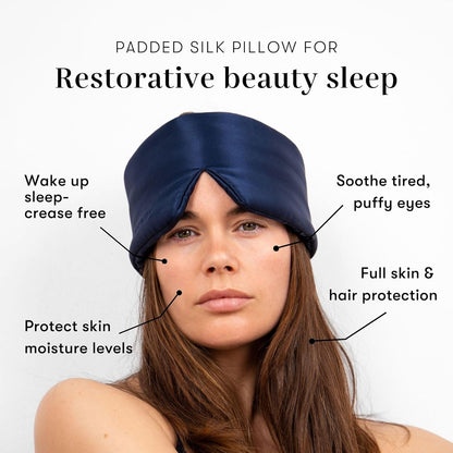 DROWSY Silk Sleep Mask - Face-Hugging, Padded Cocoon for Luxury Sleep in Total Darkness - 100% Pure Mulberry Silk, Skin-Hydrating & Adjustable (Midnight Blue)