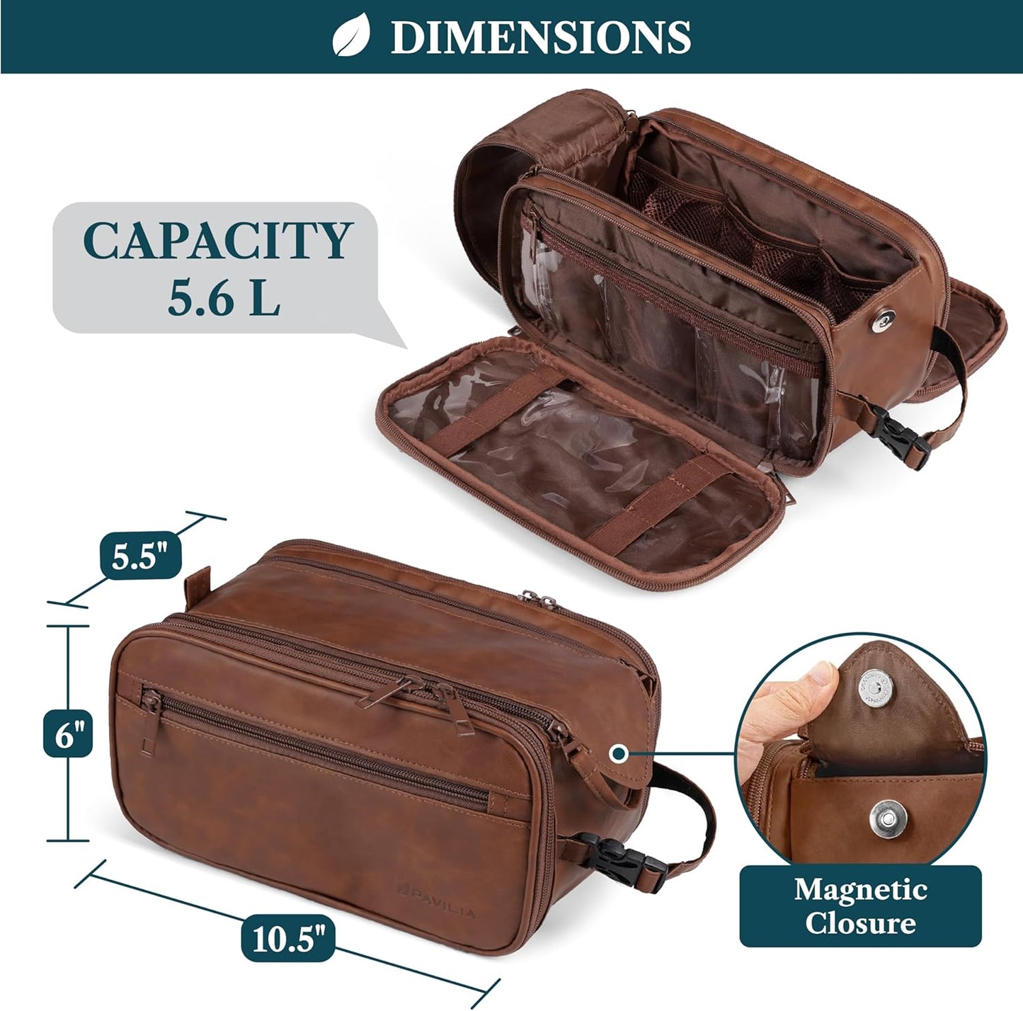 PAVILIA Toiletry Bag for Men Women, Mens Travel Bag Toiletries Organizer Case for Grooming, Travel Essentials Shaving Dopp Kit, PU Leather Water Resistant Cosmetic Pouch, Brown