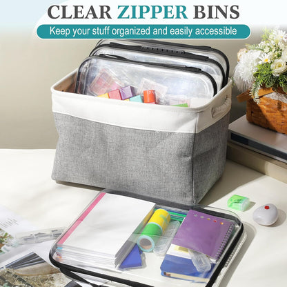 Sanwuta 4 Pcs Clear Hard Zipper Case with Handle Office Storage Cases Hard Plastic Pouches Transparent Bins for Crafts, Pencils, Snacks, Cosmetics, Puzzles(13.8 x 11.8 x 2 Inches,Black)