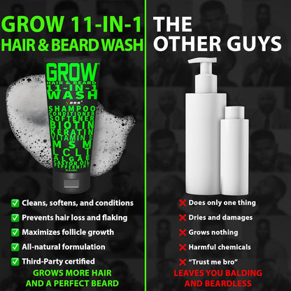Beard Growth Kit w/GROW XXL Beard Serum for Maximum Facial Hair & Conditioner + GROW 11-in-1 Mens Shampoo & Conditioner (Hair Growth Shampoo for Men w/Biotin) - Formulated in America