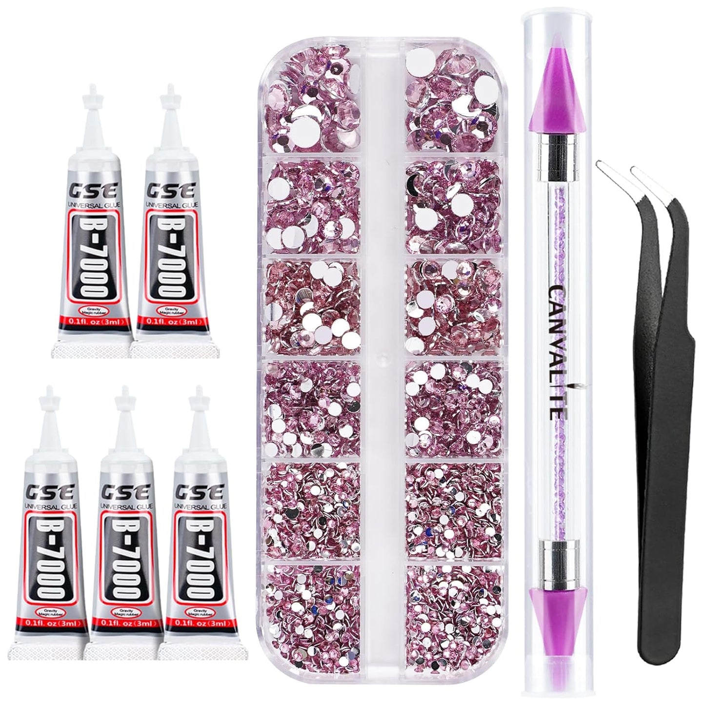 Canvalite 2784Pcs Pink Rhinestones Nail Art Gems with Tools, Flat Back Matte, Plastic, Nail Art, Rhinestones, Tweezer, Double Point Dotting Pen, 5Pcs Jewelry Glues