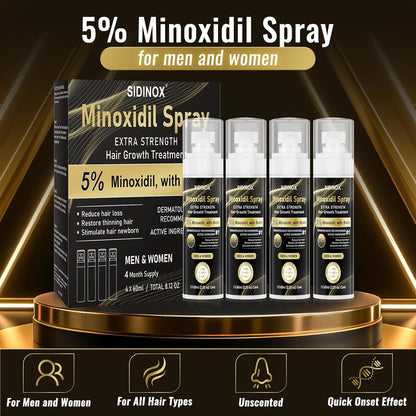 5% Minoxidil Spray for Men & Women (4 Month Supply)-Extra Strength Hair Growth Spray with Biotin & Castor Oil,Clinically Proven for Thinning Hair & Beard Regrowth, Non-Greasy Formula 4 pack（8.12 oz)