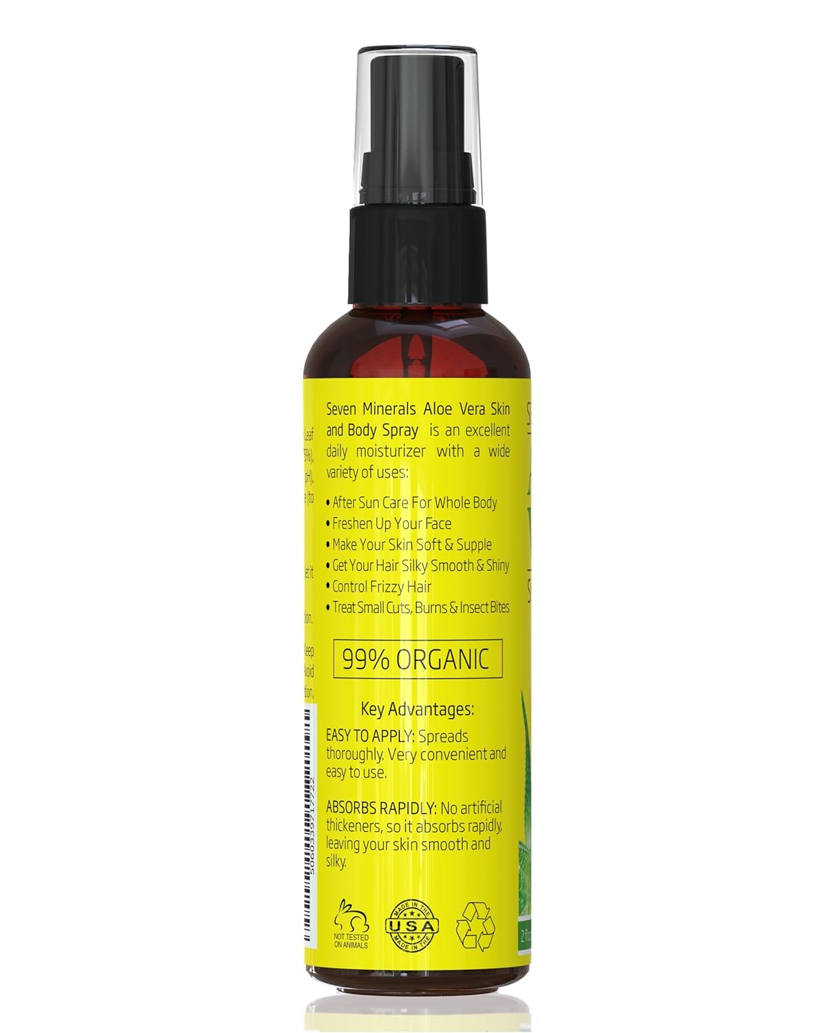 Seven Minerals Travel Size Organic Aloe Vera Spray with 100% Pure Aloe From Freshly Cut Aloe Plant, Not Powder - No Xanthan,So It Absorbs Rapidly With No Sticky Residue (2 fl oz)