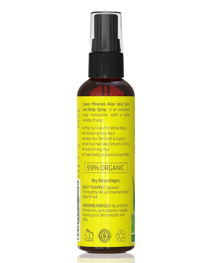 Seven Minerals Travel Size Organic Aloe Vera Spray with 100% Pure Aloe From Freshly Cut Aloe Plant, Not Powder - No Xanthan,So It Absorbs Rapidly With No Sticky Residue (2 fl oz)