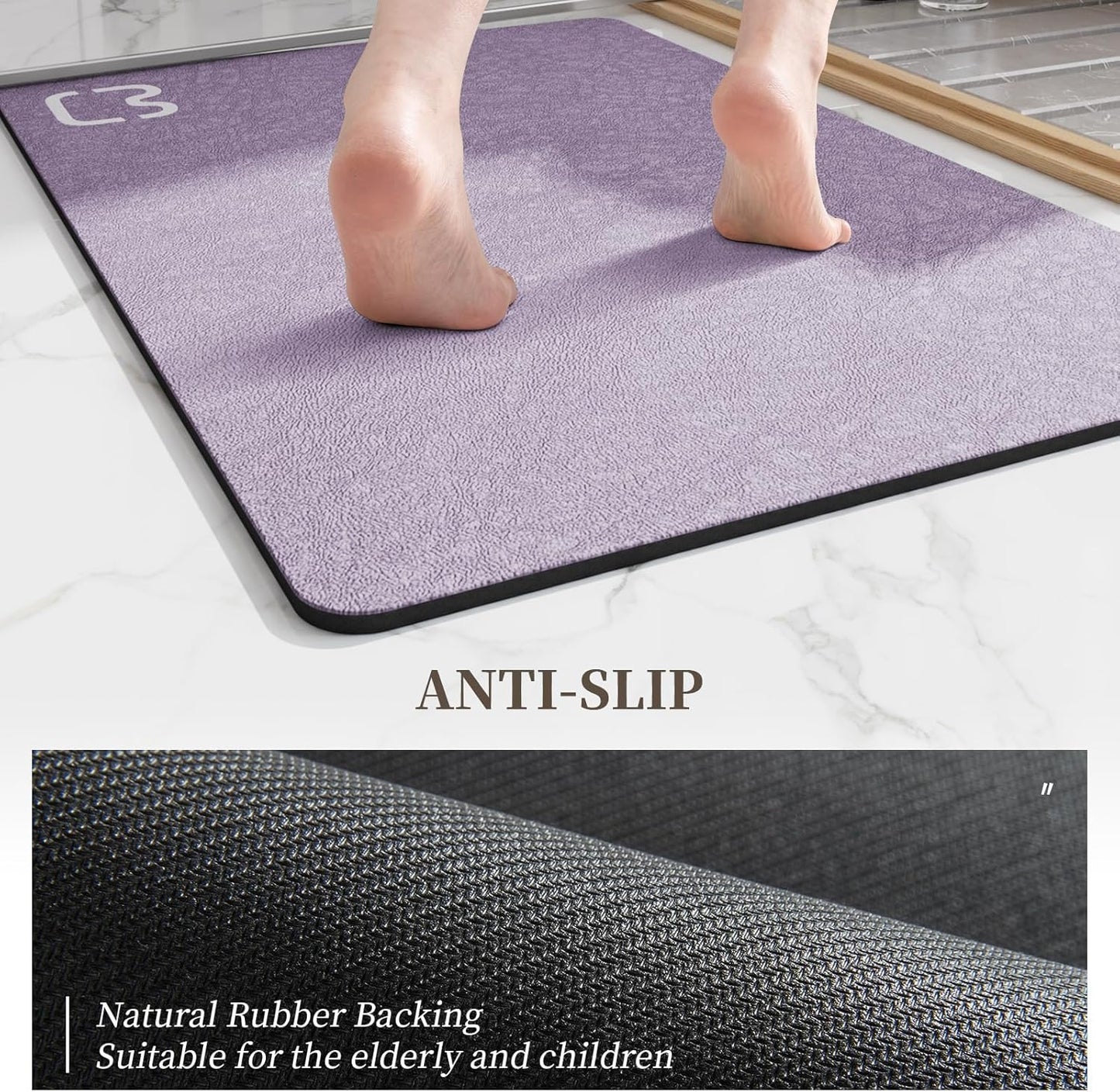 Diatomaceous Earth Bath Mat 17" x 59" Extra Long Bathroom Mat Large Fast Dry Super Absorbent Non-Slip Rubber Backed Shower Mat Bath Rugs Mats for Bathroom Floor, Tub, Shower, Sink, Lavender