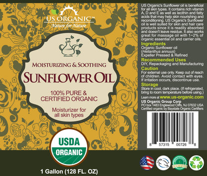 US Organic Sunflower Carrier Oil Bulk Pack, USDA Certified Organic,100% Pure & Natural, Expeller Pressed, for Massage, Aromatherapy or Small Manufacturing, 1 Gallon (128 Ounce)