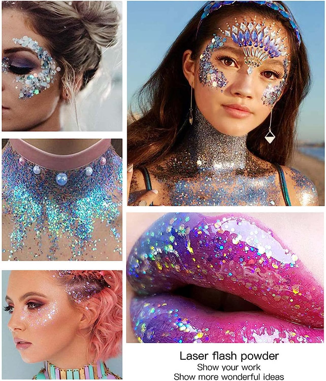 DAGEDA Body Glitter Gel, Body Sequins Shimmer Liquid Eyeshadow, Chunky Glitter for Face Hair Nails, Holographic Cosmetic Laser Powder Festival Glitter Makeup 50ml(Silver)