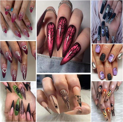 6 Sheets Halloween Spider Web Nail Art Stickers 3D Self -Adhesive Spider Web and Spider Nail Decals Holographic Black Gold Silver Nail Stickers Halloween Nail Decoration for Women Manicure Supplies