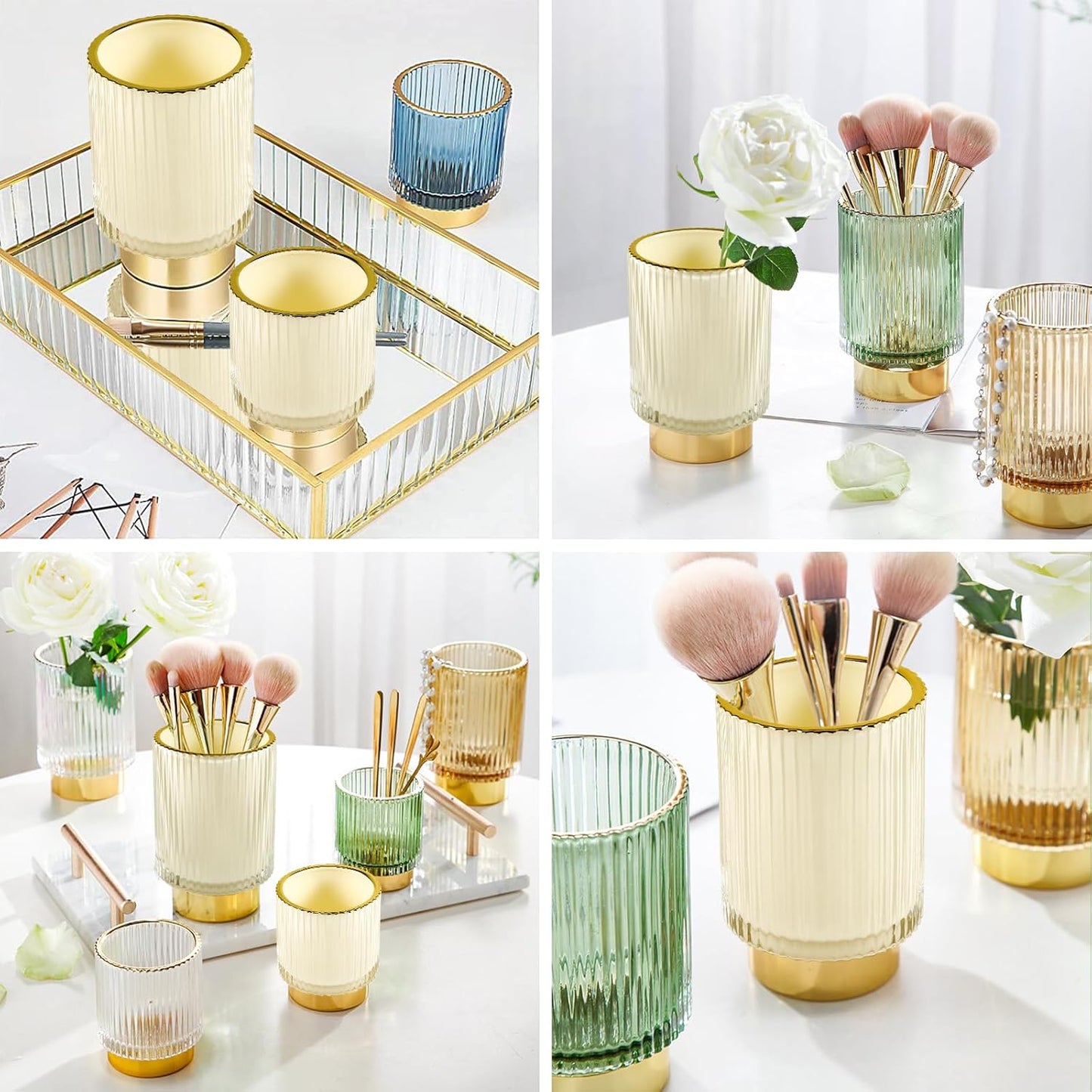 DASITON Makeup Brush holder Organizer,Crystal Cosmetic Makeup Brush Glass Brushes Storage Holder, Vintage Make Up Brush Cup Pen Pencil Holder striped vase(Cream S)