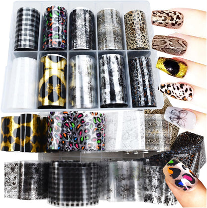 Nail Art Transfer Foils Set, 10 Designs, Animal Print and White and Black Flower Patterns,Holographic Stickers for DIY Acrylic Nails Manicure Decoration 39.37 x 1.57 inches (10)