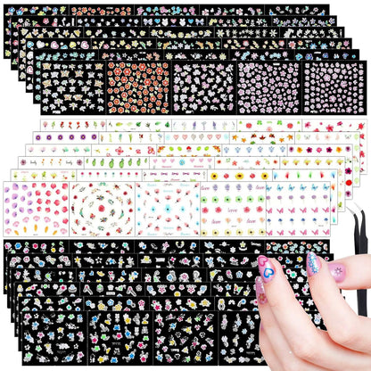 Blulu 5000 Pcs Flower Nail Stickers 100 Sheets 3D Self Adhesive Nail Stickers Multi Design Decals Multicolor Flower Manicure Decals with Tweezer(Retro Floral Series)