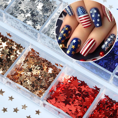 12 Grids Independence Day Nail Sequins，3D Holographic Nails Glitter Laser Star Nail Shining Flakes for Fourth of July Five-Pointed Star Mixed Sequins for America Patriotic Face Makeup Nail Decoration