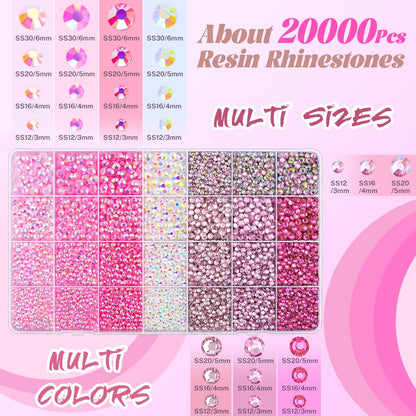 20000Pcs Pink Rhinestones for Bedazzling with 1Pcs B7000 Jewelry Glue, Resin Rhinestones for Crafting Crafts DIY, Bedazzler Kit Gems for Clothing Shoes Tumblers Nail Art Assorted Size 3/4/5/6mm