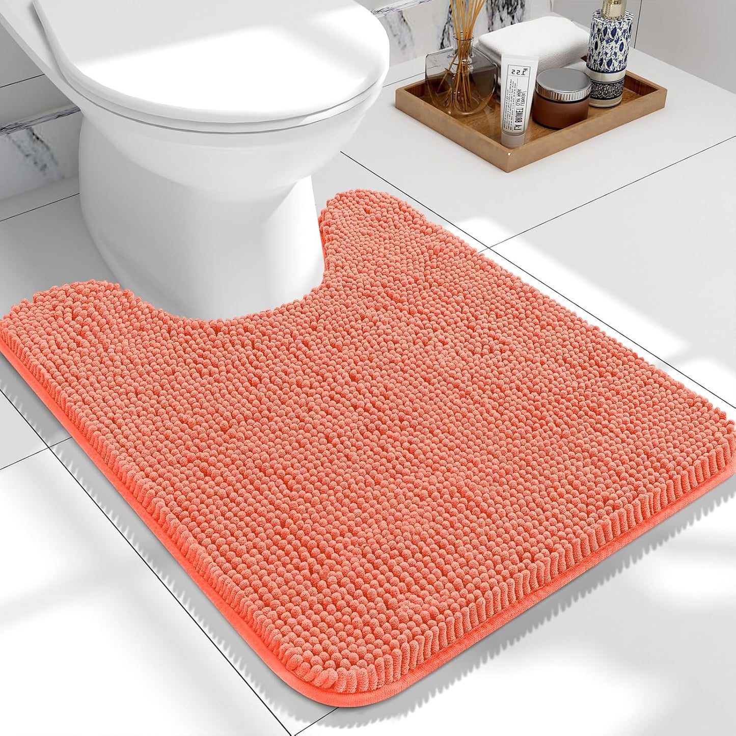 OLANLY Toilet Rugs U-Shaped 24x20, Extra Soft Absorbent Chenille Contour Bathroom Rugs for Toilet, Dry Quickly, Machine Washable, Non-Slip Bath Mat, Coral