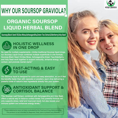 Soursop Drops,Soursop Bitters Liquid with Sea Moss Black Seed Oil Green Tea Extract Ashwagandha Elderberry Holy Basil-Multimineral&Vitamins Superfood Drops for Immune&Digestive & Cell Support