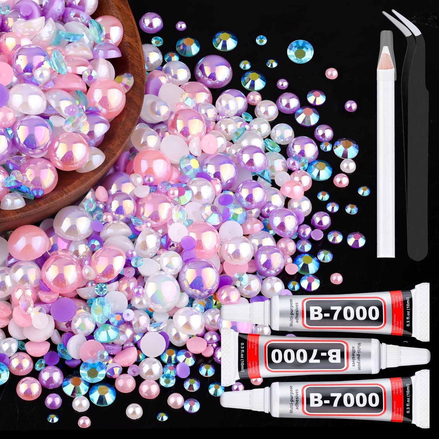 80g Flatback Pearls and Rhinestones for Crafting, Pink Purple 3-10mm Resin Rhinestones and Half Pearls for Bedazzling, Nail Art and Dec with 3pcs 10ml B7000 Jewelry Glue, Tweezer and Pickup Pencil