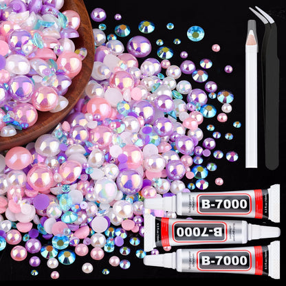 80g Flatback Pearls and Rhinestones for Crafting, Pink Purple 3-10mm Resin Rhinestones and Half Pearls for Bedazzling, Nail Art and Dec with 3pcs 10ml B7000 Jewelry Glue, Tweezer and Pickup Pencil