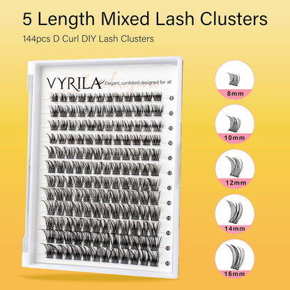 Lash Clusters 8-16mm, False Eyelashes 144pcs, Cluster Eyelash Extensions Matte Black Soft, Diy Lash Extensions D Curl Natural Lash Clusters Faux Mink Lashes Wispy（Sway,144pcs,0.07,D,8-16MIX)