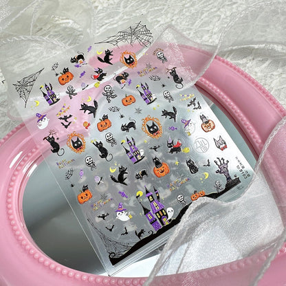 1 Sheets Embossed Halloween Nail Stickers for Nail Art Cute Pumpkin Black Cat Nail Decals Self-Adhesive Horror Ghost Skeleton Nail Art Stickers 5D Spider Web Nail Design Decals for Women
