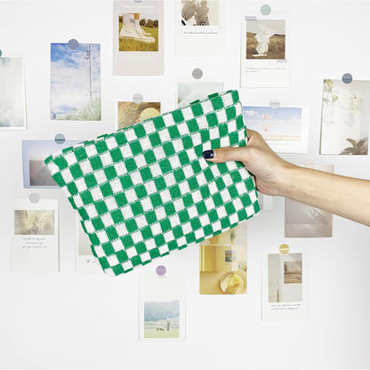 PAZIMIIK Knitted Checkered Makeup Bag Large Zipper Make Up Accessory Pouch for Purse Cosmetic Brush Bag for Travel Essential,Green
