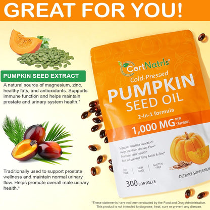 Pumpkin Seed Oil with Saw Palmetto (1000mg per Serving), Cold-Pressed Pumpkin Seed Oil for Hair Growth, Prostate Health, Urinary Tract Support, 300 Softgels Supplement of Essential Fatty Acids