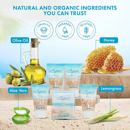 Aqua Organics Amenity & Accessory Kit|1oz Travel Size Shampoo,Conditioner,Lotion,Body Wash,Body Bar, Cleansing Bar, Shave & Dental Sets, Make-Up Remover Wipes & Vanity Kit|60 sets