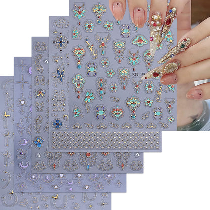 5 Sheets Bohemian Style Nails Art Stickers 3D Self-Adhesive Relief Nails Stickers Stars Moon Sun Golden Butterfly Flower Nail Decal Supplies Women's DIY Bohemian Nail Art Decoration