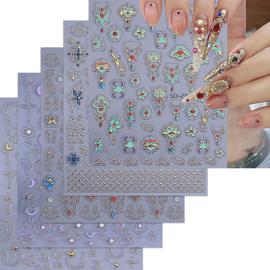 5 Sheets Bohemian Style Nails Art Stickers 3D Self-Adhesive Relief Nails Stickers Stars Moon Sun Golden Butterfly Flower Nail Decal Supplies Women's DIY Bohemian Nail Art Decoration