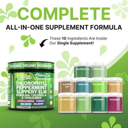Clean Nutra Chlorophyll Peppermint Slippery Elm Spirulina Chlorella Fenugreek Ashwagandha Sea Moss Supplement – Ph Balance for Women Detox Internal Deodorant Supplements + Prebiotics 60 Vegan Capsules