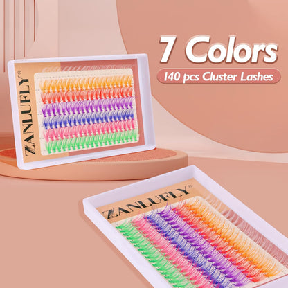 Colored Lashes Cluster Eyelashes Individual DIY Lashes Extensions 7 Colors Eye Lashes Extensions 140 PCS Clusters False Lashes DIY at Home Set Pack（14MM）
