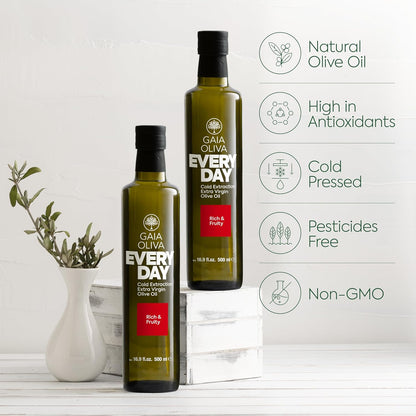 Gaia Oliva Everyday Extra Virgin Olive Oil – Cold Pressed, Unrefined, Single Estate, Trilye Olives, Low Acidity, Dark Glass Bottle, 100% Extra Virgin, Product of Turkey, New Harvest, Polyphenol-Rich, High Antioxidants