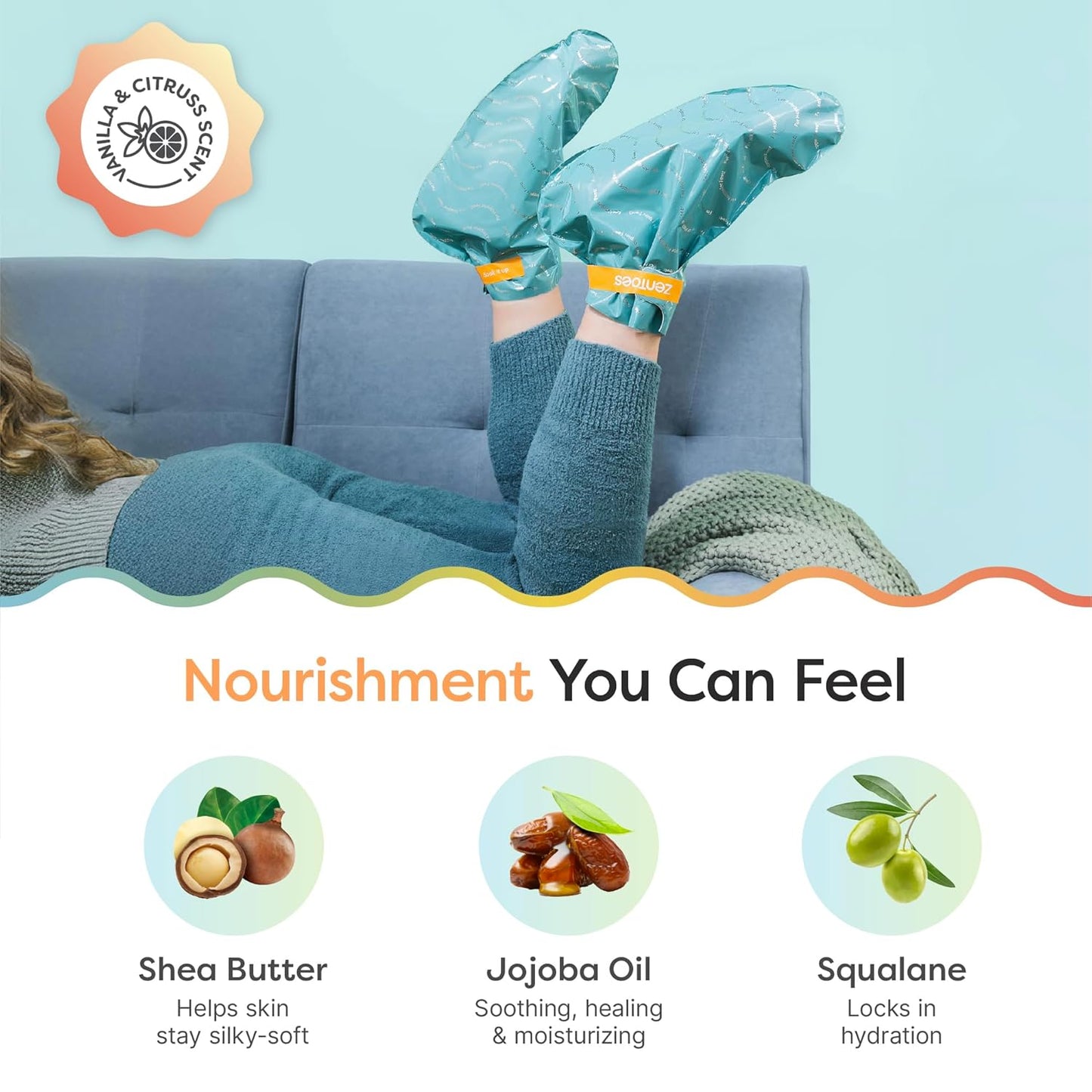 ZenToes Moisturizing Foot Mask for Dry Cracked Feet | Shea Butter, Jojoba Oil & Squalane Infused Hydrating Sheet Masks | Spa Experience At Home | Mess Free Design | Vanilla Citrus Scented, 3 Pairs