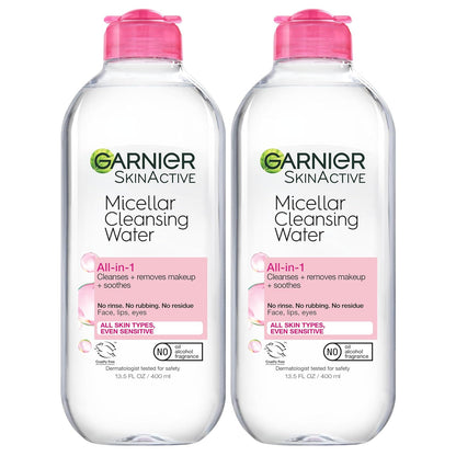 Garnier Micellar Water, Hydrating Facial Cleanser & Makeup Remover, Suitable for Sensitive Skin, Vegan, Cruelty Free, 13.5 Fl Oz (400mL), 2 Count