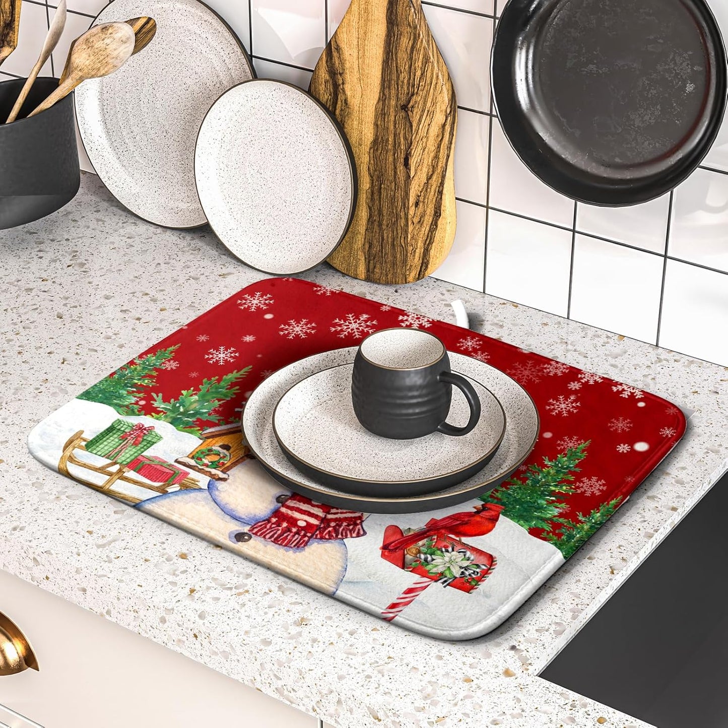 Winter Snowman Dish Drying Mat Red Bird Microfiber Dish Pad 16x18 Inch Absorbent Fast Dry Dishes Draining Mats Holiday Kitchen Accessories