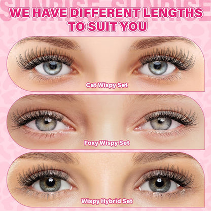 PROLASHBEAUTY Natural Lash Clusters Kit Lash Extension Kit Wispy Lash Clusters Lash Bond Remover Eyelash Applicator Beginner DIY Lashes Kit Easy to Use(Luna,8-16mix)