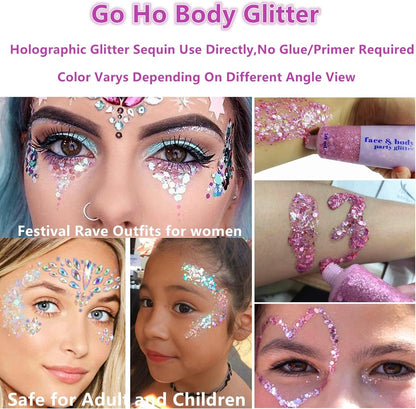 Go Ho White Pink and Blue Body Glitter Set,Singer Concerts Face Glitter Gel Makeup,Holographic Long Lasting Chunky Sequins Glitters for Eye Lip Hair Nails,Festival Rave Accessories