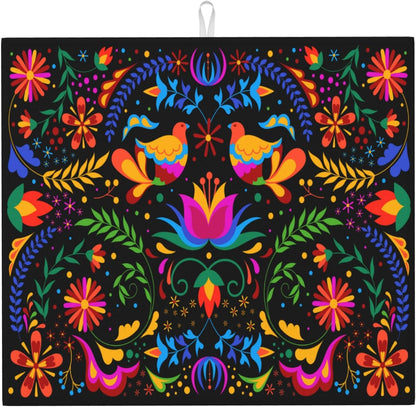 Mexican Dish Drying Mat for Kitchen Counter Mexican Flower Decorative Dish Drainer Rack Mats 16x18 Inch Absorbent Reversible Drying Pad Black